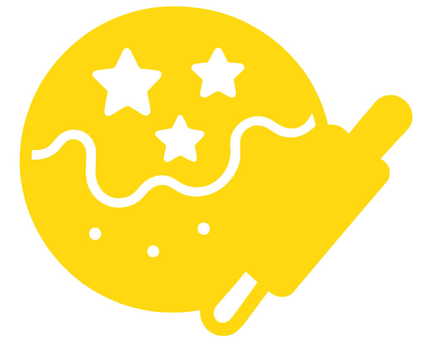 Ein gelbes Symbol eines Kekses mit Sternen und Punkten, teilweise bedeckt von einem Nudelholz.